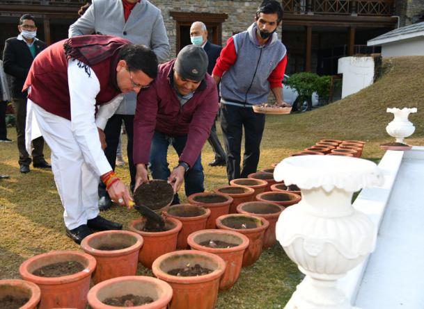 मुख्यमंत्री पुष्कर सिंह धामी ने मुख्यमंत्री आवास परिसर में ट्यूलिप बल्ब का किया रोपण