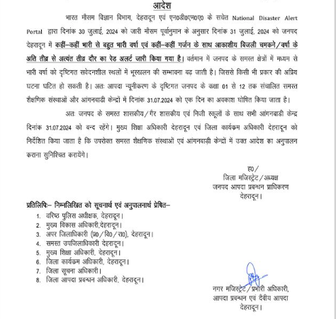 देहरादून और उधम सिंह नगर के स्कूलों, आंगनबाड़ी केंद्रों आदि में 31 जुलाई 2024 को रहेगी छुट्टी