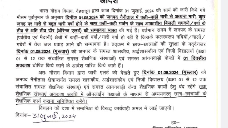 भरी बारिश के चलते नैनीताल में १ अगस्त को स्कूलों में छुट्टी