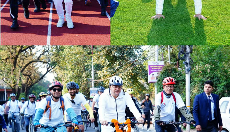 फिट इंडिया मूवमेंट में सी एम धामी ने चलाई साइकिल, दौड़ लगाई और युवाओं से की फिटनेस की अपील