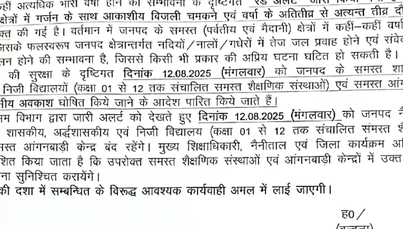 12 अगस्त को उत्तराखंड के 13 में से 8 जिलों के स्कूलों में रहेगा अवकाश