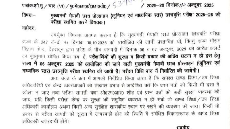 मुख्यमंत्री मेधावी छात्र प्रोत्साहन परीक्षा फिर स्थगित, छह अक्टूबर को होना था आयोजन